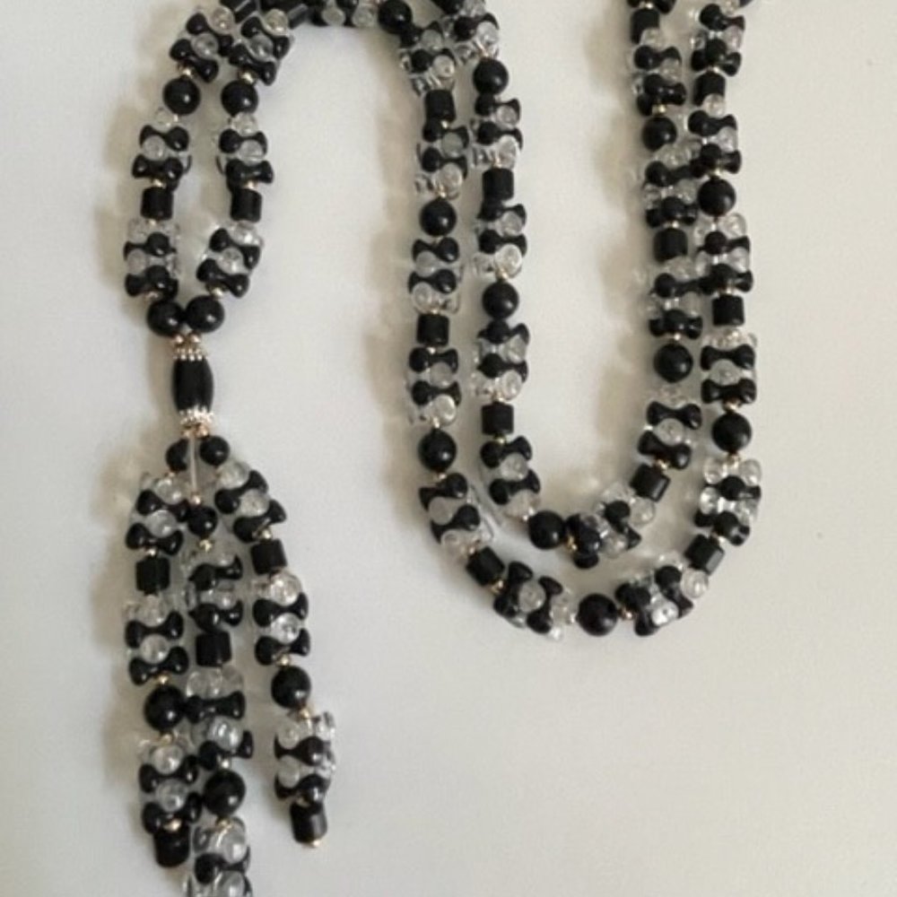 Black Gold Clear Beaded Long Necklace with Tassel